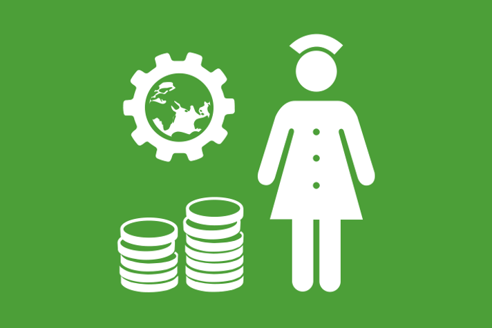 Grön bakgrund vita illustrationer, två staplar mynt, en sjuksköterska och ett kugghjul med en jordglob i.