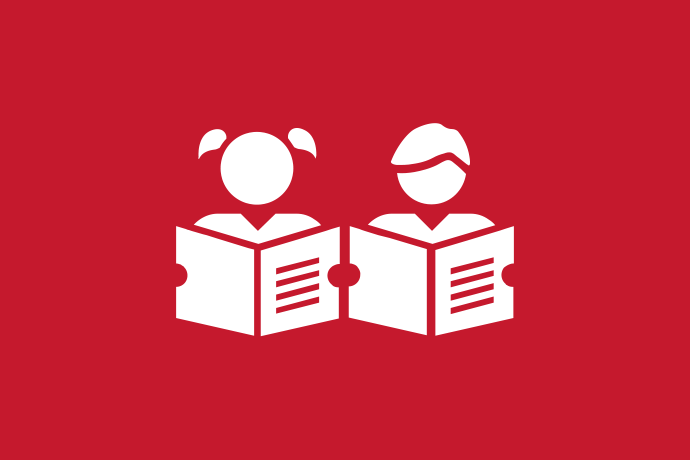 Mörkröd bakgrund vita illustrationer, två unga bredvid varandra läser i var sin bok.