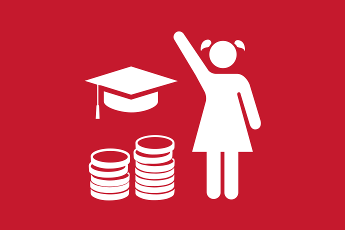 Mörkröd bakgrund vita illustrationer, två staplar mynt, en fyrkantig studentmössa och en ung person som lyfter ena armen mot skyn.