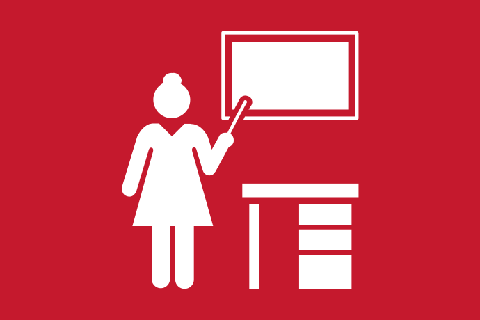 Mörkröd bakgrund vita illustrationer, en lärare står vid en kateder och riktar en pekpinne mot svarta tavlan.