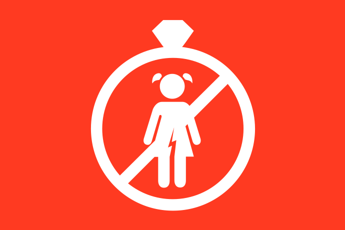 Rödorange bakgrund vita illustrationer, i mitten står ett barn i klänning, två tofsar i håret och en blixt genom underlivet. Runt om personen en vit cirkel med en ädelsten ovanpå och ett vitt streck igenom.