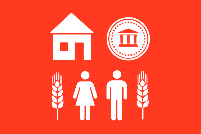 Rödorange bakgrund vita illustrationer, två personer står tillsammans mellan två spannmålsax, under ett hus och ett mynt. Ena personen bär klänning.