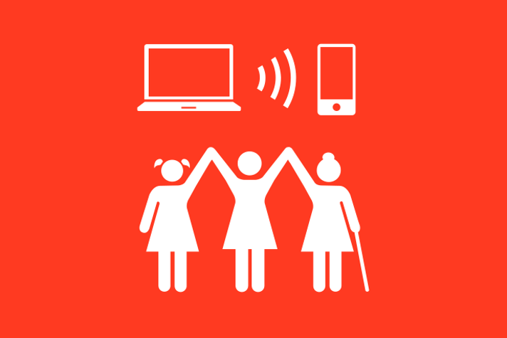 Rödorange bakgrund vita illustrationer, tre personer i olika åldrar står bredvid varandra, håller händerna och höjer armarna i luften.  Ovanför dem en bärbar dator som skickar signaler till en smartphone.