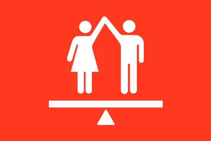 Rödorange bakgrund vita illustrationer, två personer står på en gungbräda i balans, håller varann i handen med armarna lyfta mot himlen. Ena personen bär klänning.