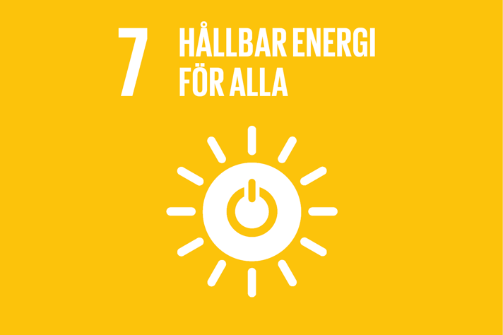 Gul bakgrund vit text, en sol med en strömbrytare i mitten.