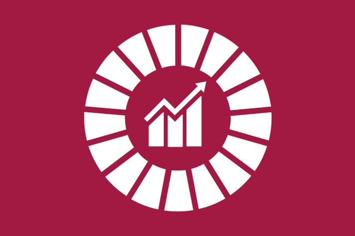 Vinröd bakgrund vita illustrationer, en tillväxtkurva ovanpå ett stapeldiagram inuti den runda symbolen för Agenda 2030.