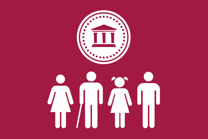 Vinröd bakgrund vita illustrationer, överst ett mynt. Underst fem personer i olika åldrar som står tillsammans.