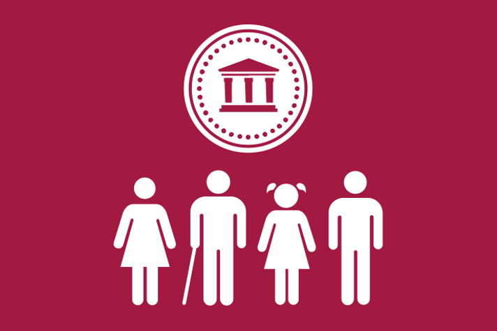 Vinröd bakgrund vita illustrationer, överst ett mynt. Underst fem personer i olika åldrar som står tillsammans.