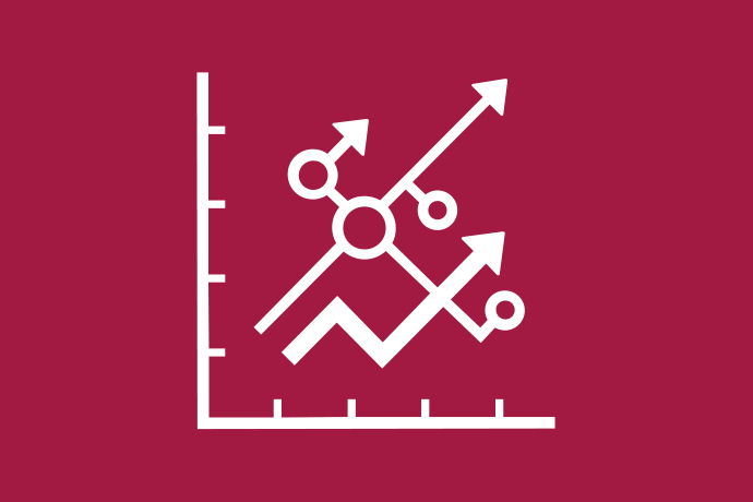 Vinröd bakgrund vita illustrationer, en graf med några cirklar samt flera pilar som pekar snett uppåt.