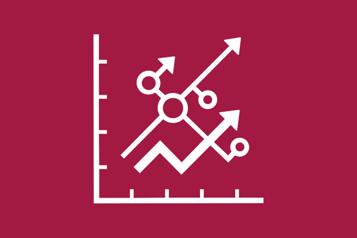 Vinröd bakgrund vita illustrationer, en graf med några cirklar samt flera pilar som pekar snett uppåt.