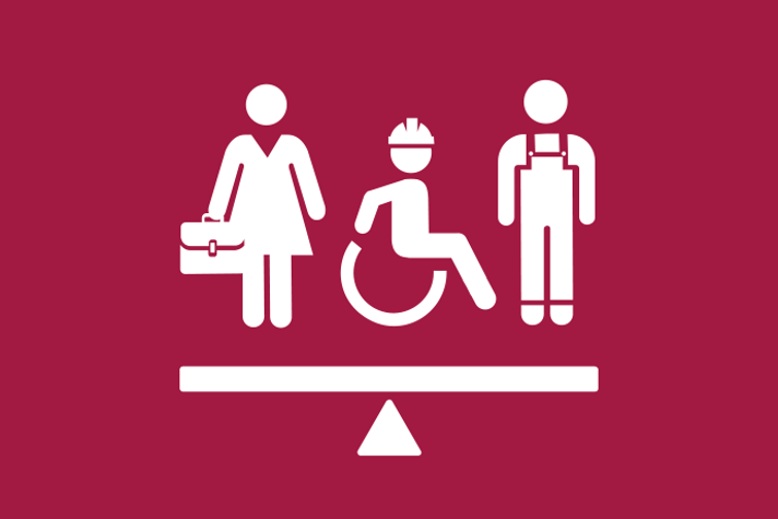 Vinröd bakgrund vita illustrationer, tre personer från olika yrken bredvid varandra på en gungbräda i balans, två står och en sitter i rullstol.