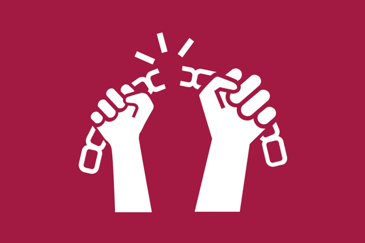 Vinröd bakgrund vita illustrationer, två händer bryter av en kedja.