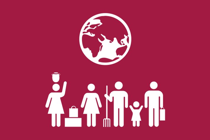 Vinröd bakgrund vita illustrationer, överst en jordglob. Underst fem personer i olika åldrar, några är turister, några lever av turism.