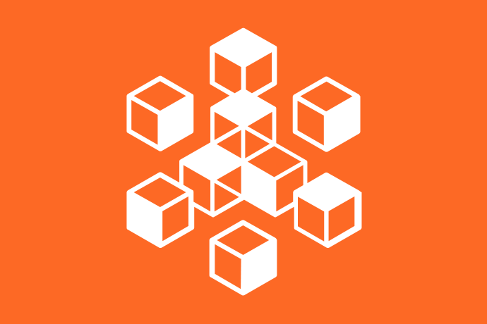 Orange bakgrund vita illustrationer, i mitten tre delvis genomskinliga kuber. Runt om sex delvis genomskinliga kuber.