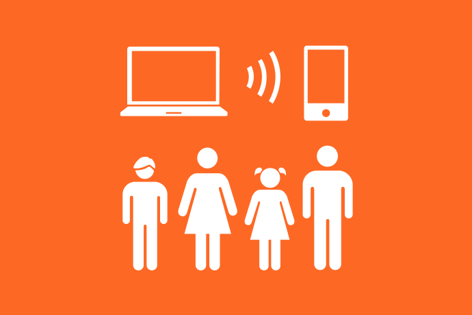 Orange bakgrund vita illustrationer, fyra personer i olika åldrar står bredvid varandra.  Ovanför dem en bärbar dator som skickar signaler till en smartphone.