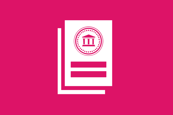 Rosa bakgrund vita illustrationer, en bok. På bokomslaget ett mynt och ett likhetstecken.