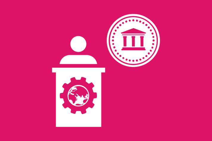 Rosa bakgrund vita illustrationer, en urna. Tryckt på urnan är ett kugghjul med en jordglob i. Snett ovanför urnan ett mynt.