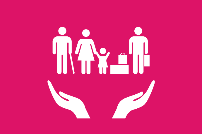 Rosa bakgrund vita illustrationer, överst fyra personer i olika åldrar som ska ut och resa. Under dem två öppna händer.