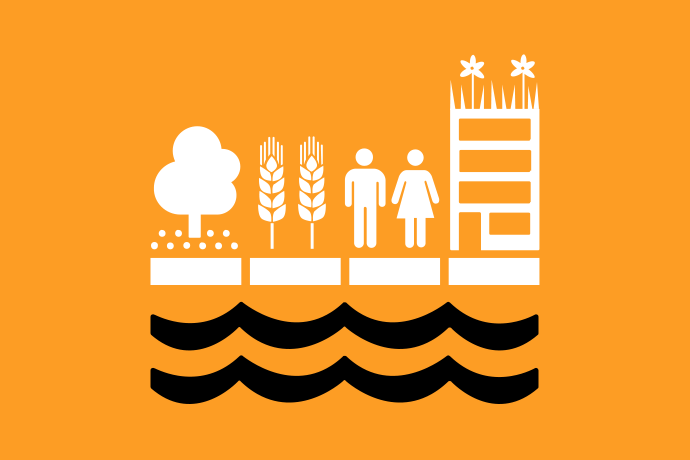 Gyllengul bakgrund vita illustrationer, ett träd, tre spannmålsax , två personer och ett flerfamiljshus. Underst två svarta vågor.