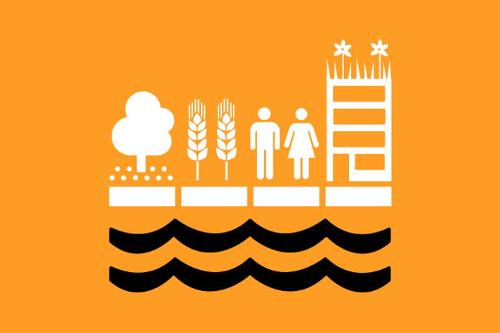 Gyllengul bakgrund vita illustrationer, ett träd, tre spannmålsax , två personer och ett flerfamiljshus. Underst två svarta vågor.