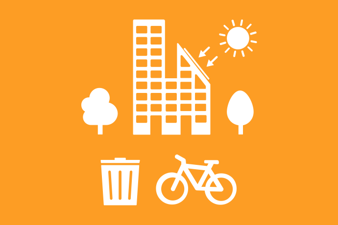 Gyllengul bakgrund vita illustrationer, en sol lyser på ett flerfamiljshus med solceller på taket. På var sida om huset växer träd. Framför huset står en soptunna och en cykel.