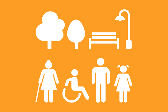 Gyllengul bakgrund vita illustrationer, två träd växer bredvid en parkbänk och en gatlykta. Underst fyra personer i olika åldrar, tre som står och en som sitter i rullstol.