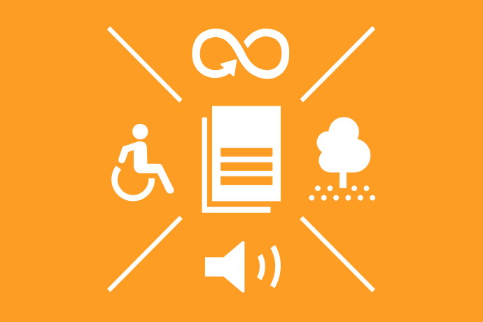 Gyllengul bakgrund vita illustrationer, i mitten en bok med textrader på omslaget. Boken omgärdas av fyra sektioner; en med ett oändlighetstecken, en med ett träd, en med ett alarm och en med en rullstolsburen person..