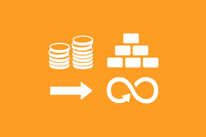 Gyllengul bakgrund vita illustrationer, överst två staplar mynt och en stapel med tegelstenar. Nederst en pil som pekar mot ett oändlighetstecken.