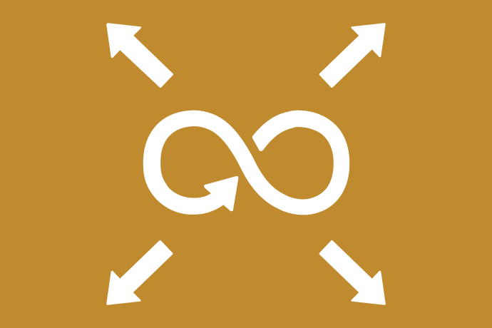 Mörkt senapsgul bakgrund vita illustrationer, ett oändlighetstecken omgärdat av fyra pilar som pekar bort från oändlighetstecknet. 