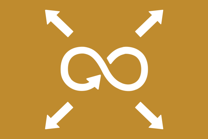 Mörkt senapsgul bakgrund vita illustrationer, ett oändlighetstecken omgärdat av fyra pilar som pekar bort från oändlighetstecknet.