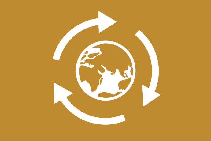 Mörkt senapsgul bakgrund vita illustrationer, en jordglob. Tre böjda pilar bildar en cirkel runt jordgloben. 