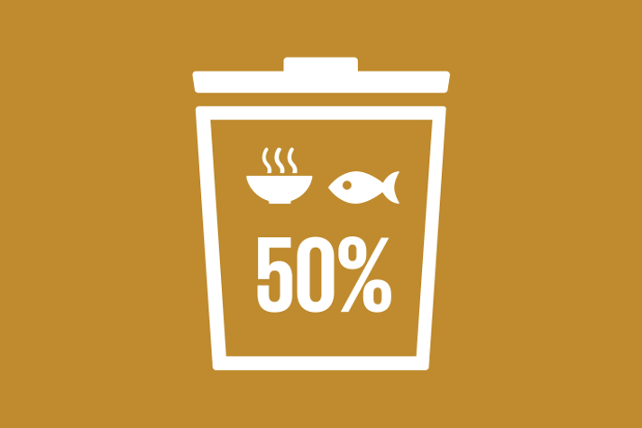 Mörkt senapsgul bakgrund vita illustrationer, en soptunna. I soptunnan en ångande soppskål, en fisk samt siffran 50 tillsammans med ett procenttecken.
