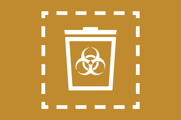 Mörkt senapsgul bakgrund vita illustrationer, en soptunna. Runt soptunnan en fyrkant med streckade linjer. I soptunnan bildar fyra cirklar en trekant. 