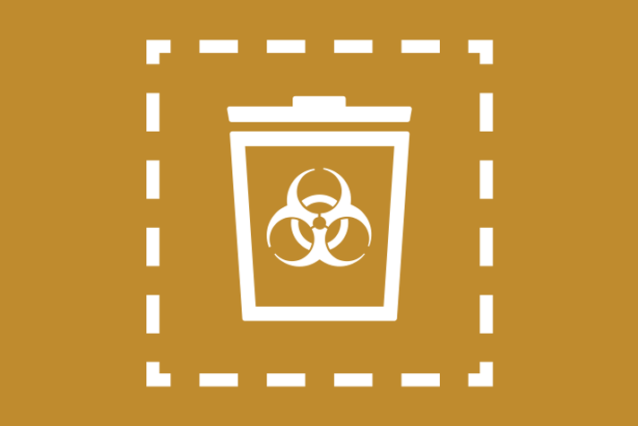 Mörkt senapsgul bakgrund vita illustrationer, en soptunna. Runt soptunnan en fyrkant med streckade linjer. I soptunnan bildar fyra cirklar en trekant.