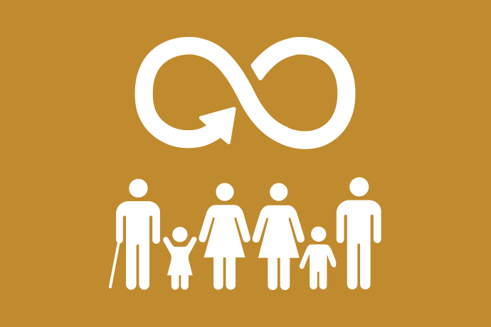 Mörkt senapsgul bakgrund vita illustrationer, sex personer i olika åldrar som står tillsammans under ett oändlighetstecken.