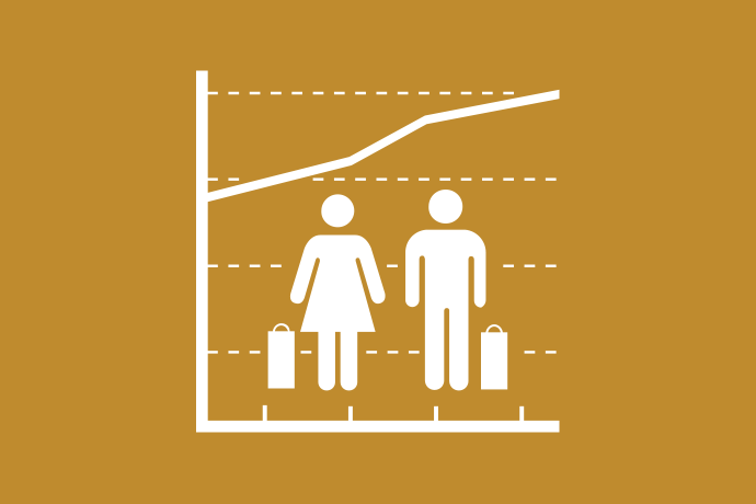 Mörkt senapsgul bakgrund vita illustrationer, två personer med var sin resväska står bredvid varandra i ett diagram med en uppåtgående graf.