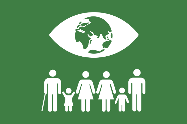 Mörkgrön bakgrund vita illustrationer, sex personer i olika åldrar som står tillsammans under ett öga med en jordglob som pupill.