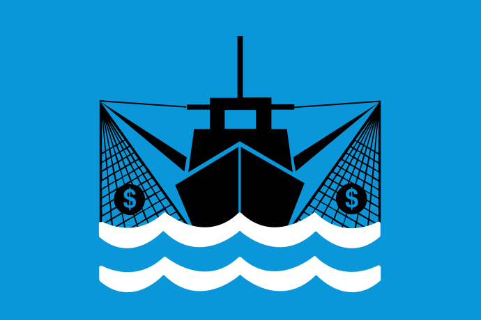 Ljusblå bakgrund vita och svarta illustrationer, en fiskebåt lyfter upp två nät med dollartecken i.