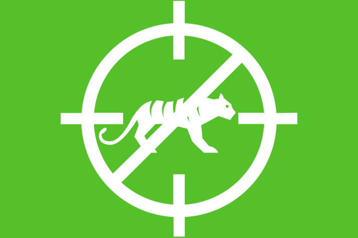 Limegrön bakgrund vita illustrationer, ett kikarsikte med ett diagonalt förbudsstreck. I kikarsiktet en tiger.