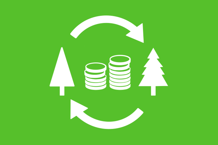 Limegrön bakgrund vita illustrationer, mitt i bild finns två staplar mynt omgivna av två träd. Högst upp och längst ner i bild finns två böjda pilar som bildar en cirkel.
