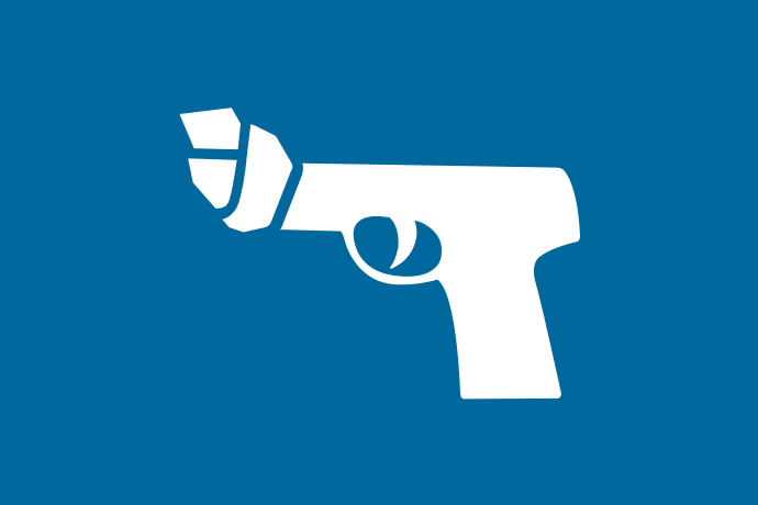 Blå bakgrund vita illustrationer, en pistol med knut på pipan.