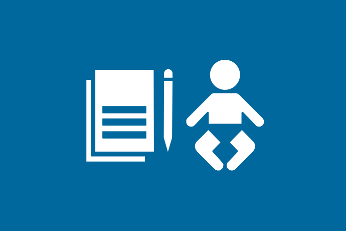 Blå bakgrund vita illustrationer, en bok och en penna bredvid en bebis. På bokomslaget tre rader.