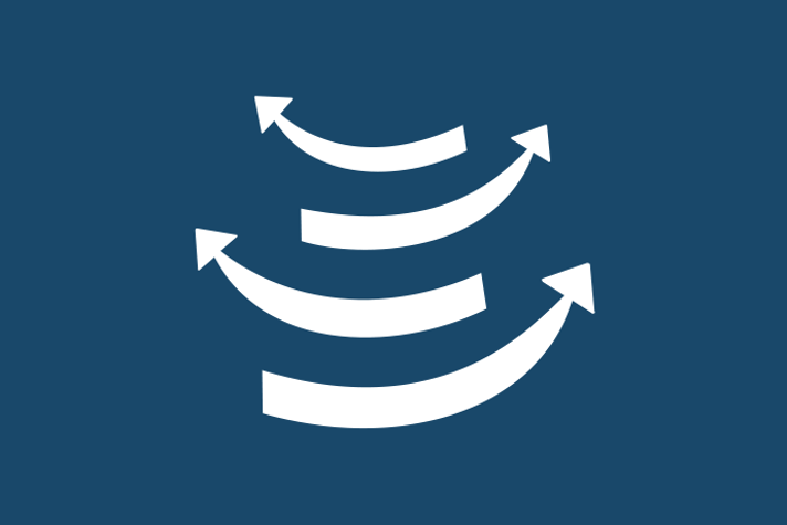 Marinblå bakgrund vita illustrationer, fyra böjda pilar som pekar uppåt.