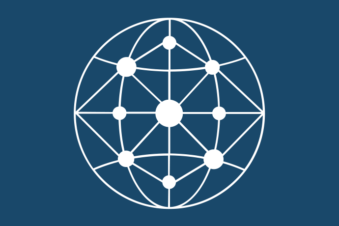 Marinblå bakgrund vita illustrationer, en cirkel med nio sammanlänkade noder i. 