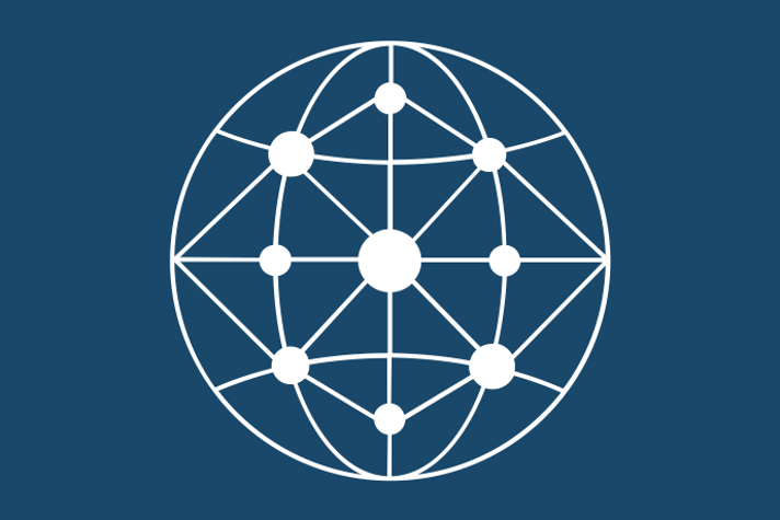 Marinblå bakgrund vita illustrationer, en cirkel med nio sammanlänkade noder i. 