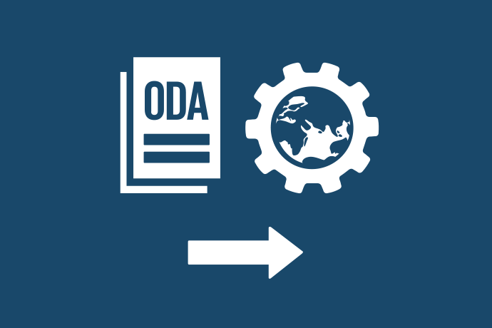 Marinblå bakgrund vita illustrationer, en bok och ett kugghjul med en jordglob i. På bokens omslag ett likhetstecken och bokstäverna ODA. Nederst en pil som pekar från boken i riktning mot kugghjulet. ODA är en förkortning av Official Development Assistance, en term framtagen av OECD för att mäta utländskt bistånd.