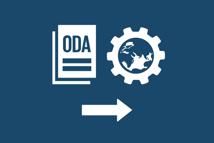 Marinblå bakgrund vita illustrationer, en bok och ett kugghjul med en jordglob i. På bokens omslag ett likhetstecken och bokstäverna ODA. Nederst en pil som pekar från boken i riktning mot kugghjulet. ODA är en förkortning av Official Development Assistance, en term framtagen av OECD för att mäta utländskt bistånd.