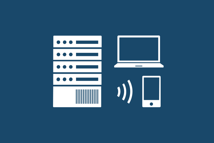 Marinblå bakgrund vita illustrationer, en server skickar signaler till en smartphone. Ovanför telefonen en bärbar dator.