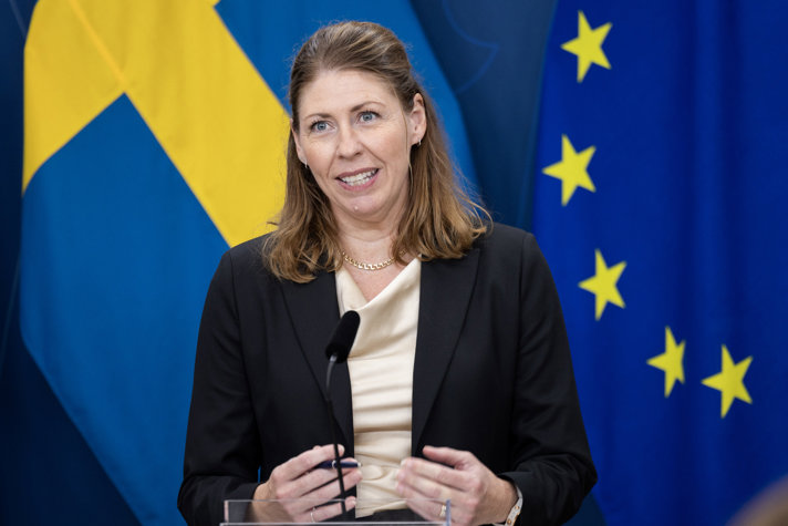 Elisabet Lann på pressträff i regeringens pressrum, framför svenska flaggan och EU-flaggan.