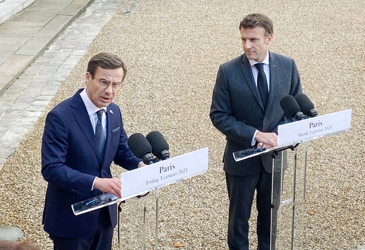 Statsminister Ulf Kristersson och Frankrikes president Emmanuel Macron